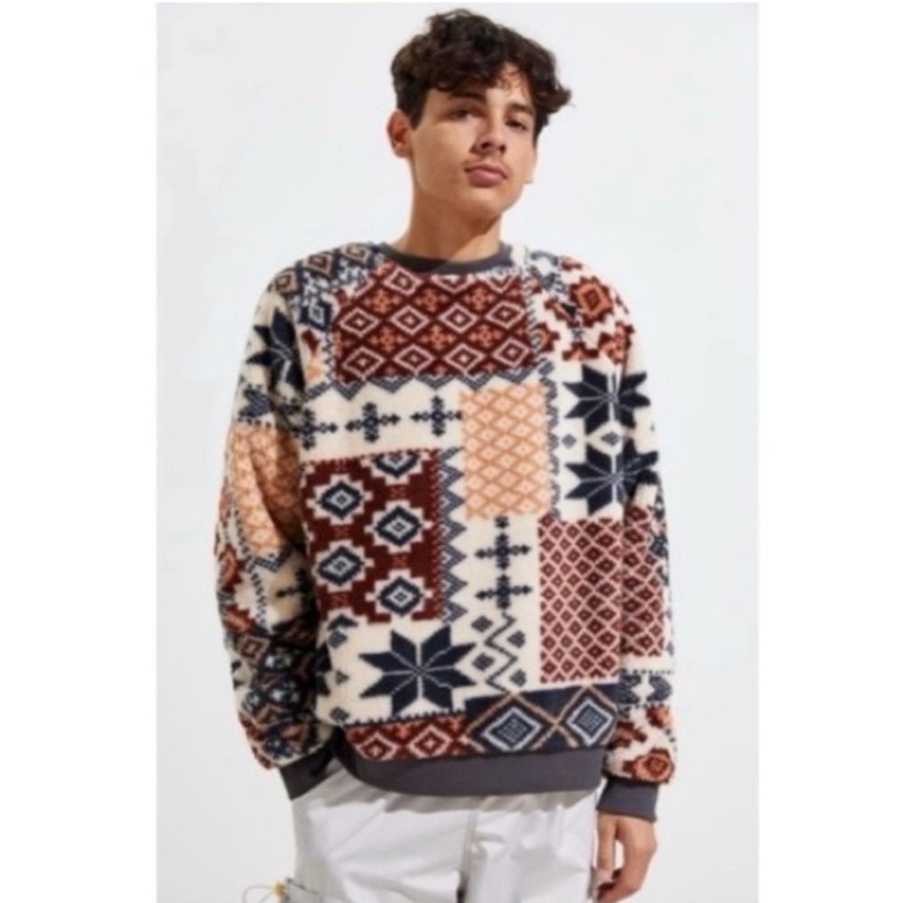 URBAN OUTFITTERS🔹Cozy Sherpa Fair Isle Crewneck Sweatshirt - Picture 1 of 16